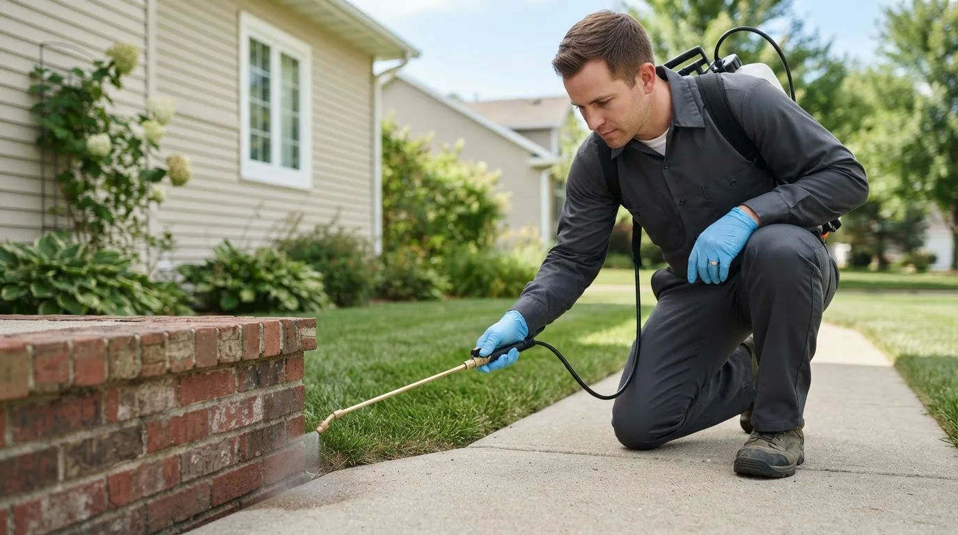 Pest control technician treating a home near Wales, AK